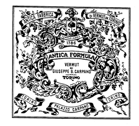 ANTICA FABBRICA DI VERMUT IN TORINO TEMPUS JUDEX 1786 ANTICA FORMULA VERMUT DI GIUSEPPE B. CARPANO TORINO TORINO PALAZZO CARPANO TORINO logo