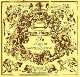 ANTICA FORMULA DAL 1786 VERMOUTH DI GIUSEPPE B. CARPANO ANTICA RICETTA VERMOUTH PREGIATO TEMPUS JUDEX SPECIALITA PRODOTTO D'ITALIA TORINO PRODUCT OF ITALY logo