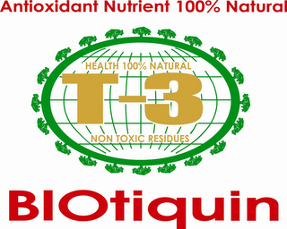ANTIOXIDANT NUTRIENT 100% NATURAL HEALTH 100% NATURAL T-3 NON TOXIC RESIDUES BIOTIQUIN logo
