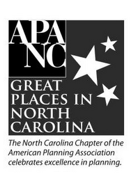 APA NC GREAT PLACES IN NORTH CAROLINA THE NORTH CAROLINA CHAPTER OF THE AMERICAN PLANNING ASSOCIATION CELEBRATES EXCELLENCE IN PLANNING. logo