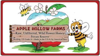 APPLE HOLLOW FARMS RAW, UNFILTERED, WILD FLOWER HONEY PRIVATE RESERVE 1LB/454G US GRADE A · MADE IN THE U.S.A. BY AMERICAN BEES logo