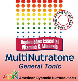 APPROVED BY THE PHYSICIANS REPLENISHES ESSENTIAL VITAMINS & MINERALS MULTINUTRATONE GENERAL TONIC ADN AMERICAN DYNAMIC NUTRACEUTICALS logo