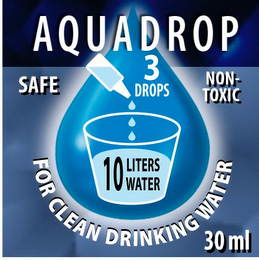 AQUADROP 3 DROPS SAFE NON-TOXIC 10 LITERS WATER FOR CLEAN DRINKING WATER 30 ML logo
