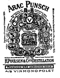 ARAC PUNSCH V. H. POULSEN & CO.'S.DESTILLATION PUNSCHEN BOR SERVERES KOLD A/S VINMONOPOLET logo