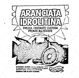 ARANCIATA IDROLITINA FRESCA FRIZZANTE GUSTOSA PRONTA ALLISTANTE CONTIENE LE VITAMINE L'ARENCIETA L DROLLTINE SERVE A PREPARARE LITRE DI SQUIERTA ARANCIATA E POSSIEDE ANCHE LE QUALILA BENETICHE DELLA FAMOSA ACQUA DA TAVQIA, CONTIENE 11 12% DL SUCCO D'ARACIA. IDROLITINA logo