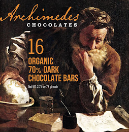 ARCHIMEDES CHOCOLATES 16 ORGANIC 70% DARK CHOCOLATES BARS NET WT. 2.75 OZ (78G) EACH logo