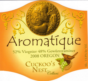 AROMATIQUE CUCKOO'S NEST CELLARS 52% VIOGNIER 48% GEWÜRZTRAMINER 2008 OREGON ALC. 13.8% BY VOL. logo