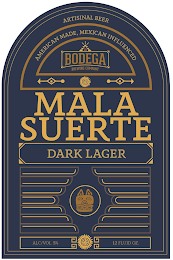 ARTISINAL BEER AMERICAN MADE, MEXICAN INFLUENCED LA BODEGA BREWING COMPANY MALA SUERTE DARK LAGER ALC/VOL 5% 12 FLUID OZ. logo