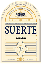 ARTISINAL BEER AMERICAN MADE, MEXICAN INFLUENCED LA BODEGA BREWING COMPANY SUERTE LAGER ALC/VOL 4.8% 12 FLUID OZ. logo