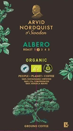 ARVID NORDQUIST OF SWEDEN ALBERO ORGANIC ROAST 12345 FAIRTRADE CO2 COMPENSATED PEOPLE PLANET COFFEE 100% SUSTAINABLE CERTIFIED 100 % CO2 COMPENSATED 100 % ARABICA BEANS GROUND COFFEE logo