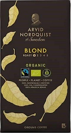 ARVID NORDQUIST OF SWEDEN BLOND ORGANIC ROAST 12345 FAIRTRADE CO2 COMPENSATED PEOPLE PLANET COFFEE 100% SUSTAINABLE CERTIFIED 100 % CO2 COMPENSATED 100 % ARABICA BEANS GROUND COFFEE logo