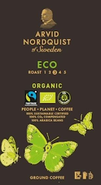 ARVID NORDQUIST OF SWEDEN ECO ROAST 1 2 3 4 5 ORGANIC FAIRTRADE CO2 COMPENSATED PEOPLE PLANET COFFEE 100% SUSTAINABLE CERTIFIED 100% CO2 COMPENSATED 100% ARABICA BEANS GROUND COFFEE logo