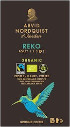 ARVID NORDQUIST OF SWEDEN REKO ROAST 1 2 3 4 5 ORGANIC FAIRTRADE CO2 COMPENSATED PEOPLE PLANET COFFEE 100% SUSTAINABLE CERTIFIED 100% CO2 COMPENSATED 100% ARABICA BEANS GROUND COFFEE logo