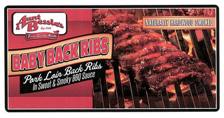 AUNT BESSIE'S EST. 1958 FINEST QUALITY MEATS BABY BACK RIBS PORK LOIN BACK RIBS IN SWEET & SMOKY BBQ SAUCE NATURALLY HARDWOOD SMOKED logo