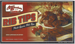 AUNT BESSIE'S EST. 1958 FINEST QUALITY MEATS RIB TIPS PORK SPARE RIB TIPS GREAT APPETIZER OR ENTREE! KEEP FROZEN READY TO COOK SERVING SUGGESTION VALUE PACK NET WT. 10 LBS. (4.5 KG.). logo