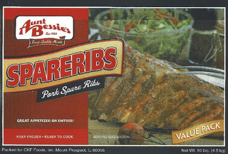 AUNT BESSIE'S EST. 1958 FINEST QUALITY MEATS SPARERIBS PORK SPARE RIBS GREAT APPETIZER OR ENTREE! KEEP FROZEN  READY TO COOK SERVING SUGGESTION VALUE PACK PACKED FOR CKF FOODS, INC. MOUNT PROSPECT, IL 60056 NET WT. 10 LBS. (4.5KG) logo