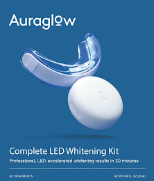 AURAGLOW COMPLETE LED WHITENING KIT PROFESSIONAL, LED-ACCELERATED WHITENING RESULTS IN 30 MINUTES. 20 TREATMENTS NET WT 0.68 FL. OZ (20 ML) logo