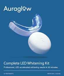 AURAGLOW COMPLETE LED WHITENING KIT PROFESSIONAL, LED-ACCELERATED WHITENING RESULTS IN 30 MINUTES. 20 TREATMENTS NET WT 0.68 FL. OZ (20 ML) logo