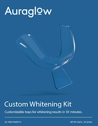 AURAGLOW CUSTOM WHITENING KIT CUSTOMIZABLE TRAYS FOR WHITENING RESULTS IN 30 MINUTES. 20 TREATMENTS NET WT 0.68 FL. OZ (20 ML)