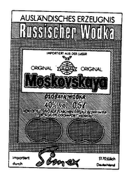 AUSLANDISCHES ERZEUGNIS RUSSISCHER WODKA IMPORTIERT AUS DER UDSSR ORIGINAL ORIGINAL MOSKOVSKAYA OSOBAYA WODKA 40% VOL 0,5L HERGESTELLT UND AUF FLASCHEN GEFULLT IN DER UDSSR FUR SOJUZPLODOIMPORT MOSKAU IMPORTIERT DURCH SIMEX 5170 JULICH DEUTSCHLAND logo