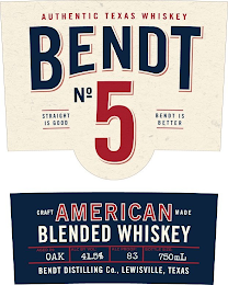 AUTHENTIC TEXAS WHISKEY BENDT NO 5 STRAIGHT IS GOOD BENDT IS BETTER CRAFT AMERICAN MADE BLENDED WHISKEY AGED IN: OAK ALC BY VOL: 41.5% ALC PROOF: 83 BOTTLE SIZE: 750ML BENDT DISTILLING CO., LEWISVILLE, TEXAS logo