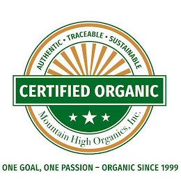 AUTHENTIC · TRACEABLE · SUSTAINABLE CERTIFIED ORGANIC MOUNTAIN HIGH ORGANICS, INC. ONE GOAL, ONE PASSION -  ORGANIC SINCE 1999 logo