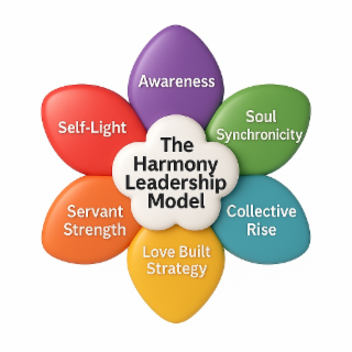 AWARENESS, SOUL SYNCHRONICITY, COLLECTIVE RISE, LOVE BUILT STRATEGY, SERVANT STRENGTH, SELF-LIGHT., THE HARMONY LEADERSHIP MODEL logo