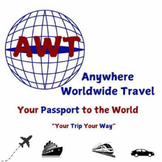 AWT ANYWHERE WORLDWIDE TRAVEL YOUR PASSPORT TO THE WORLD "YOUR TRIP YOUR WAY" logo