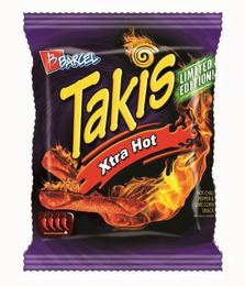 B BARCEL TAKIS XTRA HOT LIMITED EDITION!HOT CHILI PEPPER & LIME CORN SNACK logo