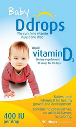 BABY DDROPS BRAND THE SUNSHINE VITAMIN IN JUST ONE DROP LIQUID VITAMIN D3 DIETARY SUPPLEMENT 90 DROPS FOR 90 DAYS BABIES NEED VITAMIN D FOR HEALTHY GROWTH AND DEVELOPMENT. CONTAINS NO PRESERVATIVES, NO ARTIFICIAL FLAVORS, NO COLORING. 400 IU PER DROP 90 DROPS 2.5 ML (0.08 FL. OZ.) logo