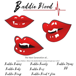 BADDIE BLOOD, THE NEXT GENERATION OF... WHAT'S THE BADDIE BLOOD RUNNING THROUGH YOUR VEINS?, BADDIE BABIES, BADDIE BODY, BADDIE BLING, BADDIE BEAUTY, BADDIE BROS, BADDIE BLOOD 4 HIM, BADDIE MOMS, BB logo