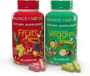 BALANCE OF NATURE REAL FOOD REAL SCIENCE REAL NUTRITION WHOLE PRODUCE FRUITS DIETARY SUPPLEMENT 90 CAPSULES BALANCE OF NATURE REAL FOOD REAL SCIENCE REAL NUTRITION WHOLE PRODUCE VEGGIES DIETARY SUPPLEMENT 90 CAPSULES logo