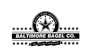 BALTIMORE BAGEL CO. BAGEL TIME ANYTIME THE FRESHEST A'ROUND! logo