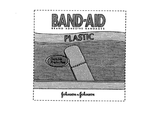 BAND-AID PLASTIC BRAND ADHESIVE BANDAGES DURABLE PROTECTION JOHNSON & JOHNSON logo