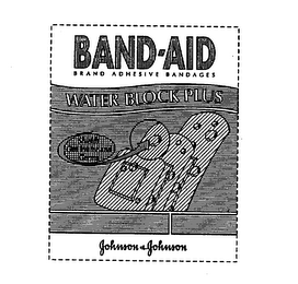 BAND-AID WATER BLOCK PLUS BRAND ADHESIVE BANDAGES SHIELDS OUT WATER AND GERMS JOHNSON & JOHNSON logo