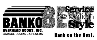 BANKO OVERHEAD DOORS, INC. GARAGE DOORS & OPENERS BEST SERVICE SELECTION STYLE BANK ON THE BEST. logo