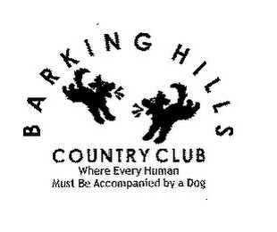 BARKING HILLS COUNTRY CLUB, INC., BARKING HILLS COUNTRY CLUB, BARKING HILLS, WHERE EVERY HUMAN MUST BE ACCOMPANIED BY A DOG logo