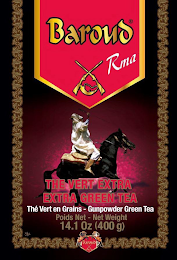 BAROUD RMA THE VERT EXTRA EXTRA GREEN TEA THÉ VERT EN GRAINS - GUNPOWDER GREEN TEA POIDS NET - NET WEIGHT logo