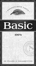 BASIC 100'S, SMOOTH RICH TASTE, 20 CLASS A CIGARETTES logo