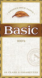 BASIC 100'S · SMOOTH RICH TASTE · 20 CLASS A CIGARETTES A CLASS A CIGARETTES ACCO logo