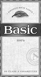BASIC 100'S · SMOOTH RICH TASTE · 20 CLASS A CIGARETTES A CLASS A CIGARETTES ACCO logo