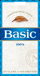 BASIC   100'S · SMOOTH RICH TASTE · 20 CLASS A CIGARETTES CLASS A CIGARETTES A ACCO. logo