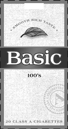 BASIC  100'S · SMOOTH RICH TASTE · 20 CLASS A CIGARETTES CLASS A CIGARETTES A ACCO logo