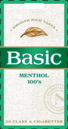 BASIC MENTHOL 100'S · SMOOTH RICH TASTE ·  20 CLASS A CIGARETTES A CLASS A CIGARETTES ACCO logo