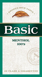 BASIC MENTHOL 100'S · SMOOTH RICH TASTE· 20 CLASS A CIGARETTES  A · CLASS A CIGARETTES · ACCO logo