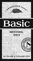 BASIC MENTHOL 100'S  · SMOOTH RICH TASTE · 20 CLASS A CIGARETTES A · CLASS A CIGARETTES · ACCO logo
