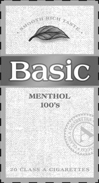 BASIC MENTHOL 100'S · SMOOTH RICH TASTE· 20 CLASS A CIGARETTES CLASS A CIGARETTES A logo
