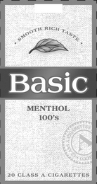 BASIC MENTHOL 100'S  · SMOOTH RICH TASTE · 2O CLASS A CIGARETTES A CLASS A CIGARETTES ACCO logo