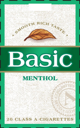 BASIC MENTHOL · SMOOTH RICH TASTE · 20 CLASS A CIGARETTES A CLASSA CIGARETTES ACCO logo