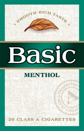 BASIC MENTHOL · SMOOTH RICH TASTE · 20 CLASS A CIGARETTES A CLASS A CIGARETTES ACCO logo